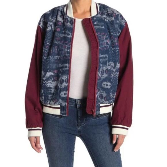 FREE PEOPLE Varsity of Dreams Bomber Jacket Denim Maroon - Picture 2 of 7